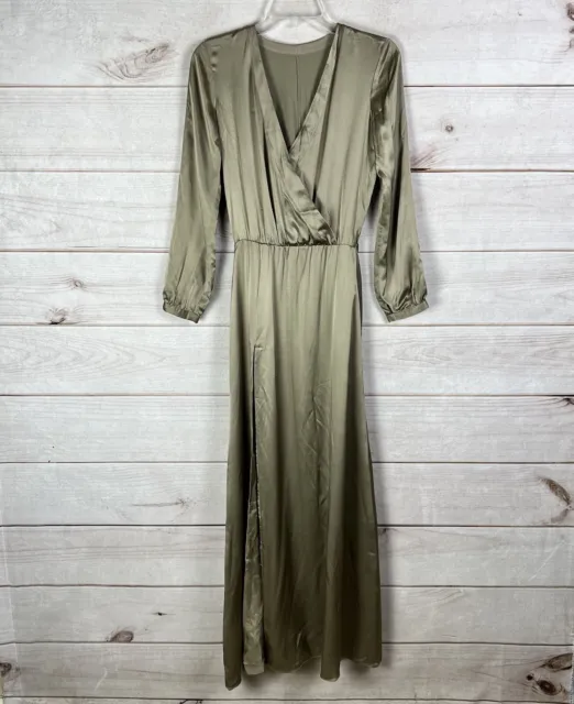 Michelle Mason 100% Silk V-Neck Maxi Side Slit Dress Satin Women’s Sz 0