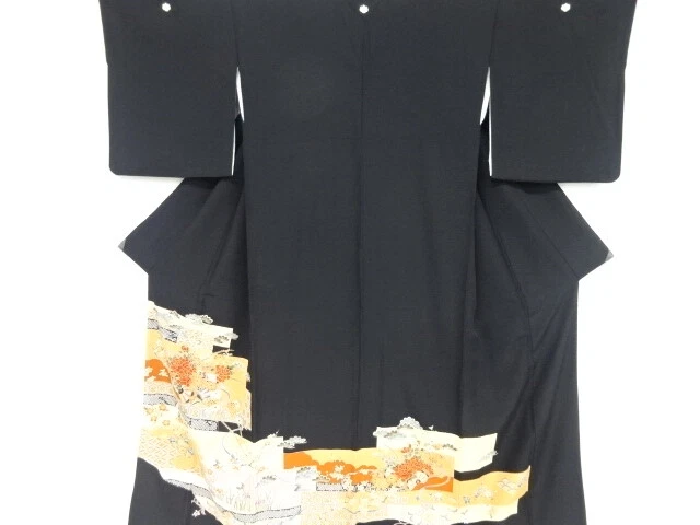 80794# Japanese Kimono / Antique Tomesode / Pine Ume With Crane & Flower Car