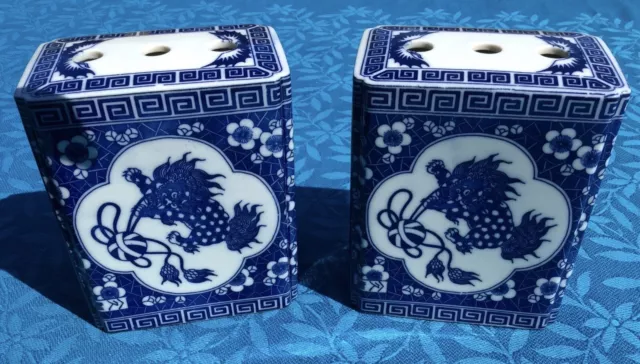 Pair Vintage Chinese Blue White Ceramic Porcelain  Pillows Dogs of Foo Decor Vgc