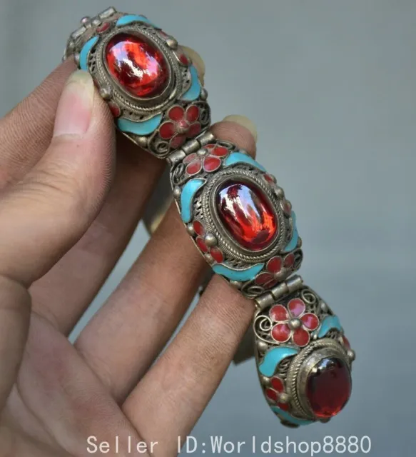 8.2" Ancient China Silver Inlay Turquoise Red Coral Gem Dynasty Jewelry Bracelet