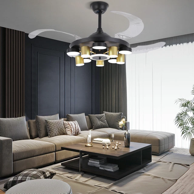 42" Dimmable Chandelier LED Ceiling Fan Light Retractable Blade + Remote Control
