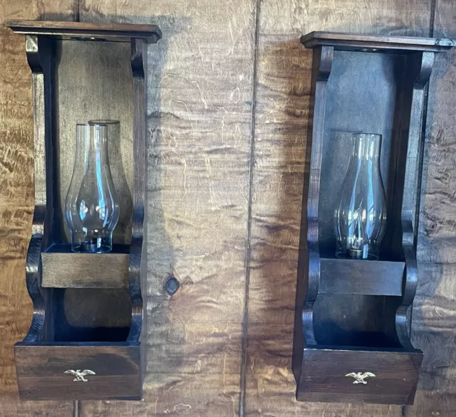 Pair of Vintage Lighted Sconces￼ Wood Eagle Cabin Country