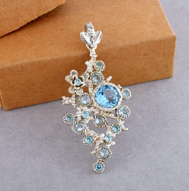 Natural Blue Topaz Jewelry Handmade Solid 925 Silver Pendant Necklace for Women
