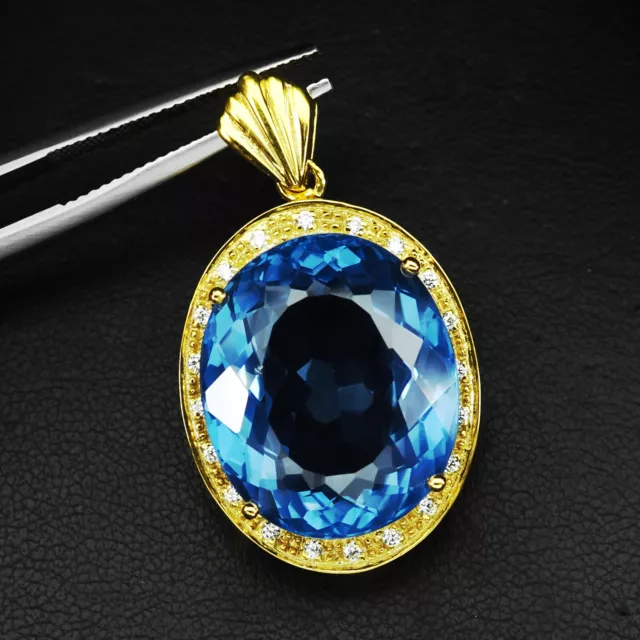 Gorgeous Blue Spinel Oval Rare 28.4Ct 925 Sterling Silver Handmade Gold Pendants