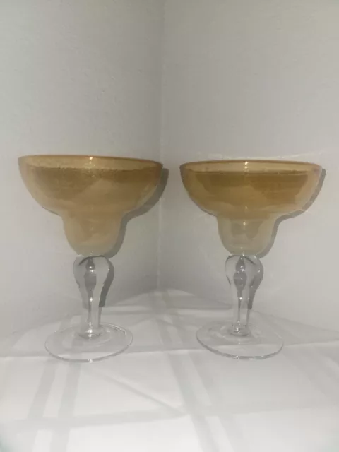 Artland Iris Margarita Highball Handblown Bubble Glasses Goblet Yellow Set Of 2