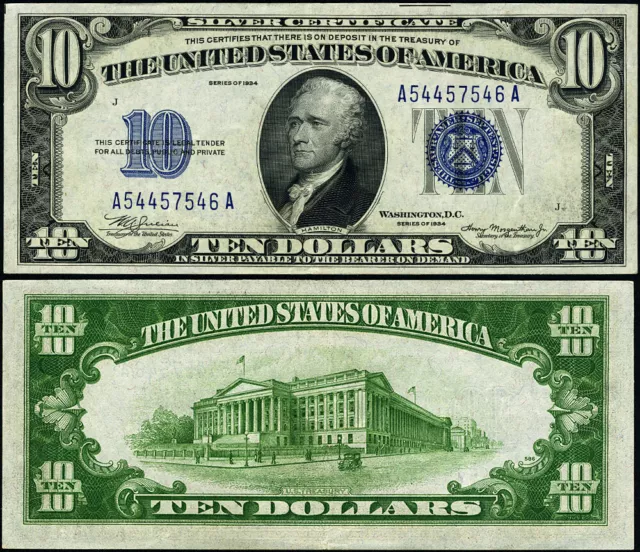 FR. 1701 $10 1934 Silver Certificate Mule A-A Block AU