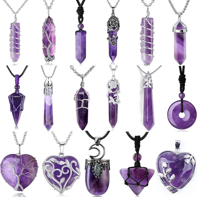 Natural Purple Amethyst Reiki Tree Heart Crystal Mens Womens Necklace Pendant