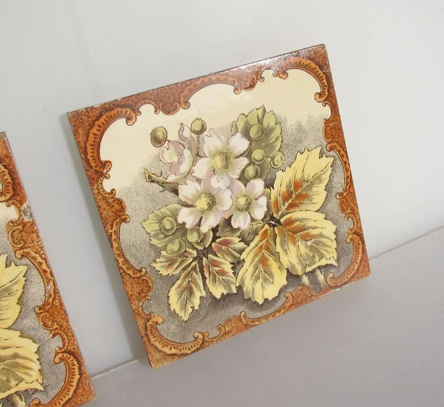 Antique Ceramic Tile Vintage Floral Art Nouveau Flowers Old Leaf 2