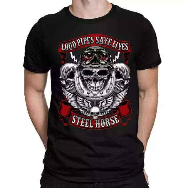 Loud Pipes Save Lives Steel Horse Motorcycle biker Mens T-Shirt Tee Top gift