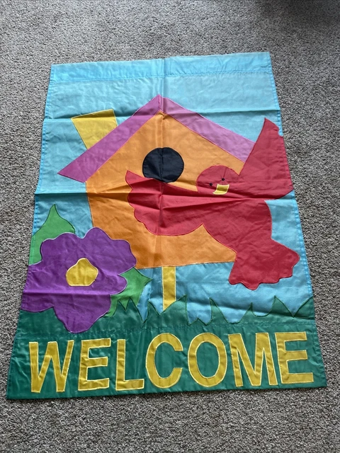 VTG Welcome Cardinal Flowers Large Outdoor Decor Garden Flag Embroidered 40x28