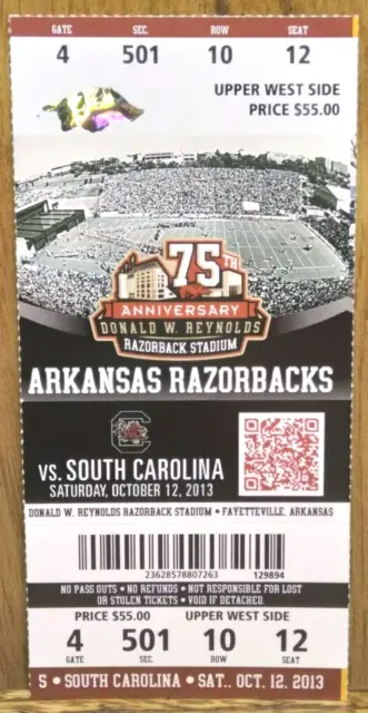 Arkansas Razorbacks Football vs. South Carolina Gamecocks 10-12-2013 Ticket Stub