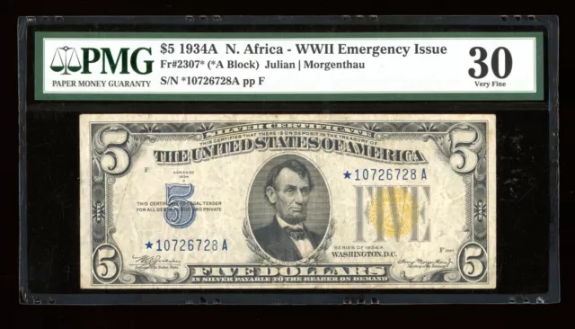 DBR 1934-A $5 Silver North Africa STAR Fr. 2307* PMG 30 Serial *10726728A