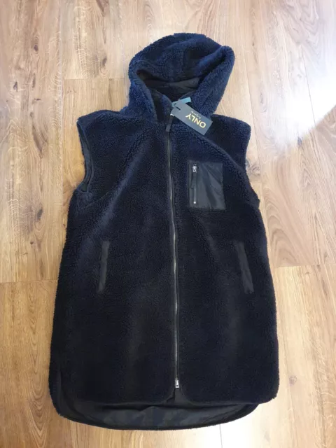 ONLY Damen Lange Teddy Kunstfell Weste Plüsch Jacke mit Kapuze Größe XS