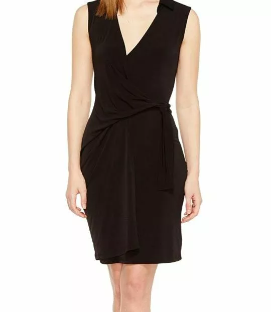 $201 Christin Michaels Women's Black Gracy Sleeveless Belted Wrap Dress Size L