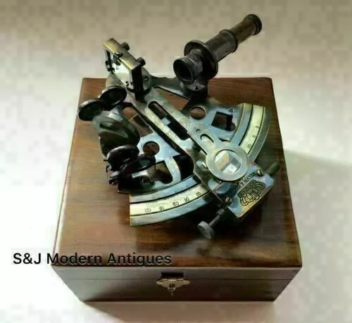 Sextant nautique maritime en laiton finition antique avec boîte cadeau en bois