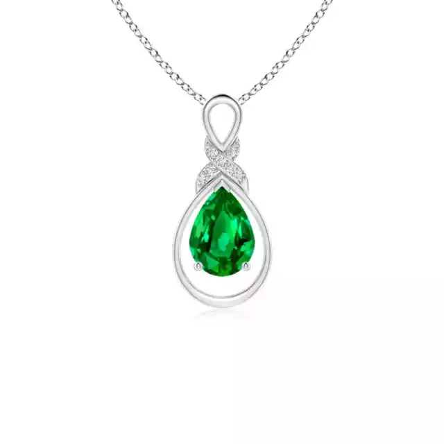 ANGARA 7x5mm Natural Emerald Infinity Pendant with Diamond 'X' Motif in Silver