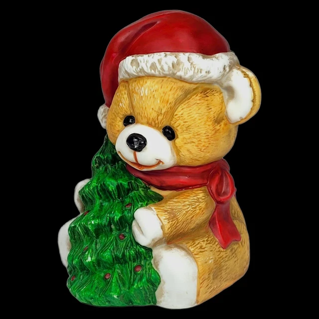 ROC Christmas Bear Figurine Holding X Mas Tree Santa Hat Scarf Vintage Decor