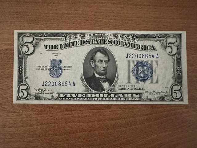 $5.00 Series 1934A Silver Certificate Fr1651 Cu
