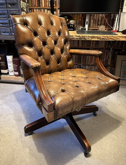 Vintage Hillcrest Chesterfield Brown Leather High Back Office Swivel Chair