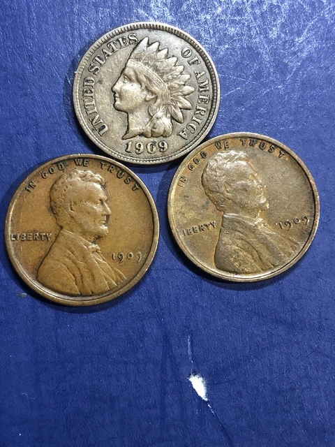 1909 P 1909 Vdb Lincoln Cents 1909 Indian Head Penny Cents. Group Of 3