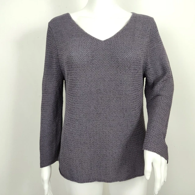 Eileen Fisher Silk Blend V-Neck Sweater Size Large Charcoal Gray Woven Texture