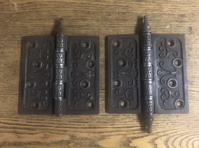 Large 5” X 5” Antique Iron Fancy Steeple-Tipped Door Hinges By Clark, C1880’s