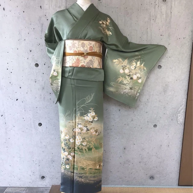 Japanese Pure Silk Semi-Formal Kimono Houmongi 161cm Floral Green
