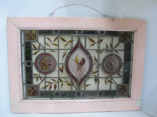 Late VICTORIAN Stained Glass BIRD Berry Leaf Design Window in Pink Wood Frame