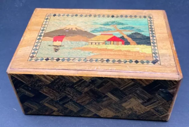 Vintage Japanese Wooden Puzzle Box Made in Japan Mt. Fuji Scene