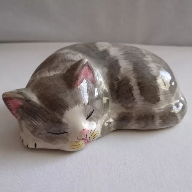Vintage Italian Ceramic Sleeping Cat Figurine Ornament Grey White Italy