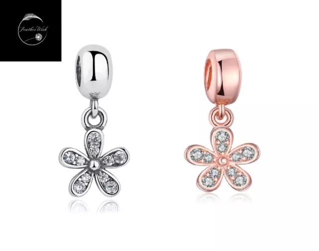 Genuine Sterling Silver 925 Daisy Flower Pendant Dangle Charm Rose Gold & Silver