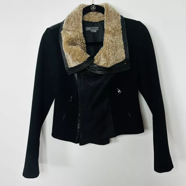 $1850 VINCE Lamb Shearling Leather Moto Jacket Wool Ribbed Black Shawl Collar S