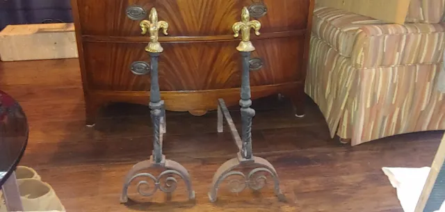 Atq Hand Forged French fleur De lis Etched Wrought Iron Andirons