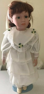 Porcelain Girl Doll 16 1/2" Red Hair Blue Eyes White Dress and Shoes