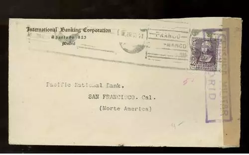 1941 Madrid Spain Airmail Censored Bank cover to USA