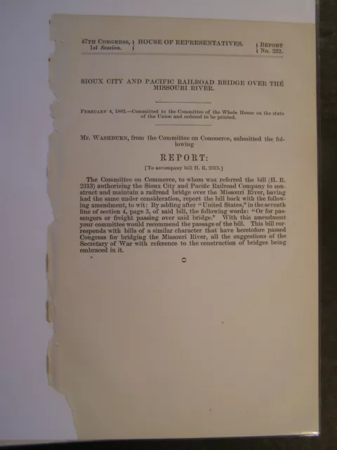 Government Report 1882 Sioux City & Pacific Railroad Bridge Over Missouri River
