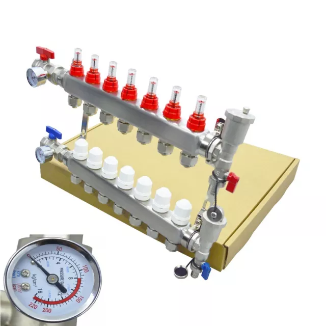 1/2" PEX 7-Branch Radiant Floor Heating Manifold Set NPT 1" 1.6mm Stainless Stee