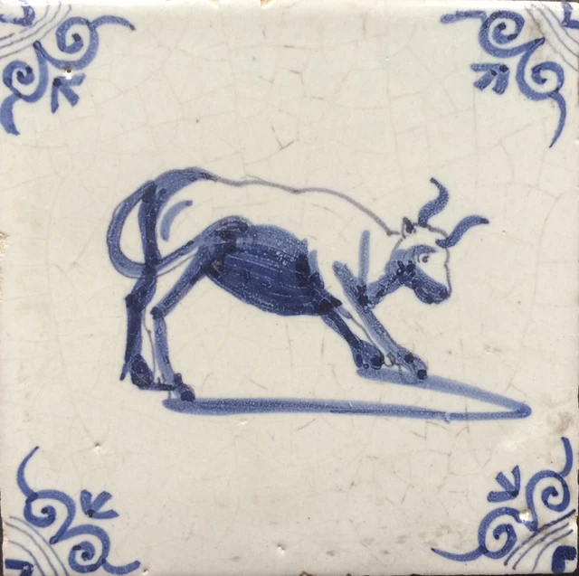 Antique Excellent Dutch Delft Tile Bull Circa 1650