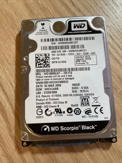 Western Digital WD1600BJKT-75F4T0 0J165G 160GB 7.2K 3Gb/s SATA 2.5" Laptop HDD