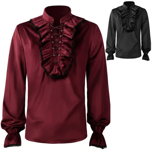 Mens Pirate Shirt with Stand Collar and Ruffle Jabot Detailing Gothic Style