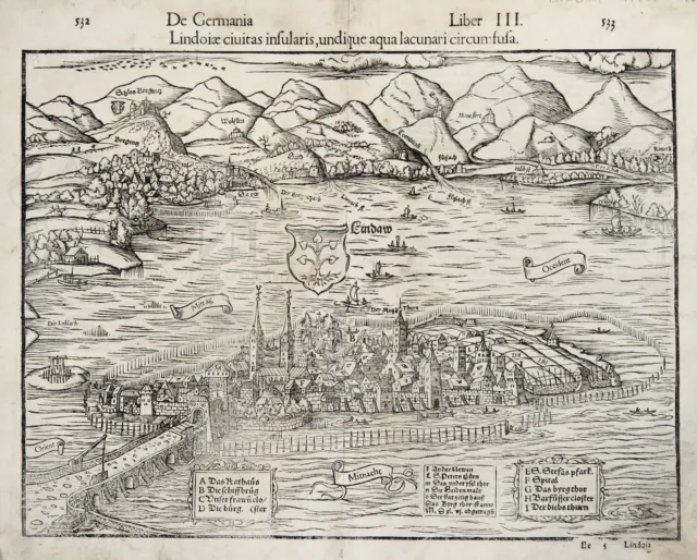 Lindau Bodensee Gesamtansicht Original Holzschnitt Münster 1550