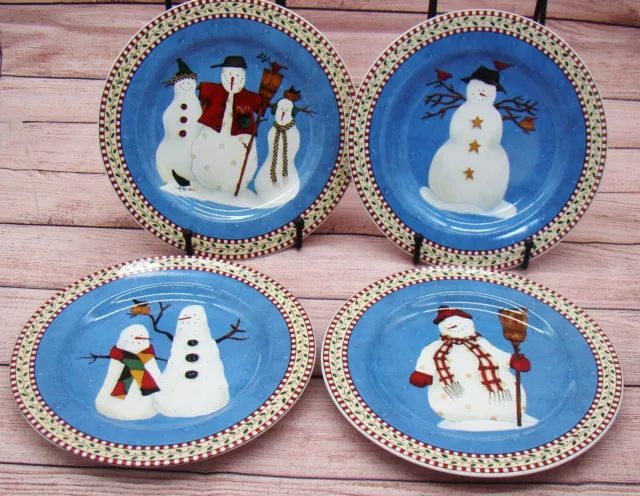 Debbie Mumm SNOWMAN Four Ceramic Salad Dessert Plates Sakura Vintage 1998 NEW