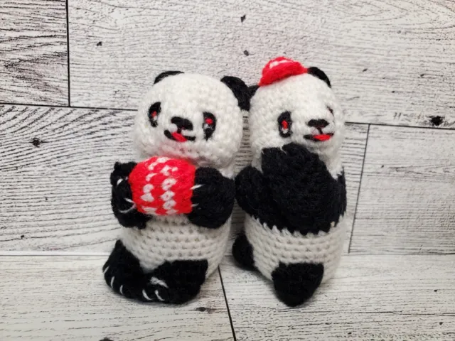 Knit Crochet Panda Bear Figurines Set Of 2 2.75" Dolls Lot A