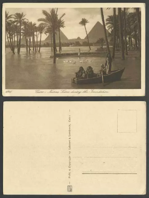 Ägypten alte Postkarte Kairo Überschwemmung überflutet Nil Fluss Pyramiden Boot Vögel Palmen