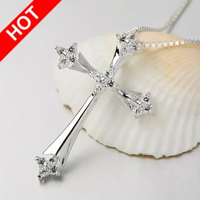 Charm Inlaid White Zircon Cross Pendant Necklace Women Party Jewelry