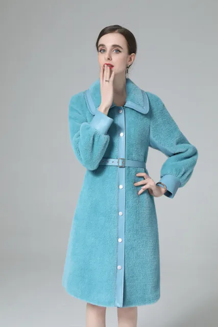 Women Belted Korean Lapel Wool Coat 65% Mink Cashmere Fur Mid Length Overcoats