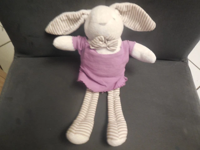 187/ doudou peluche lapin blanc rayé beige violet SERGENT MAJOR ? 23cm