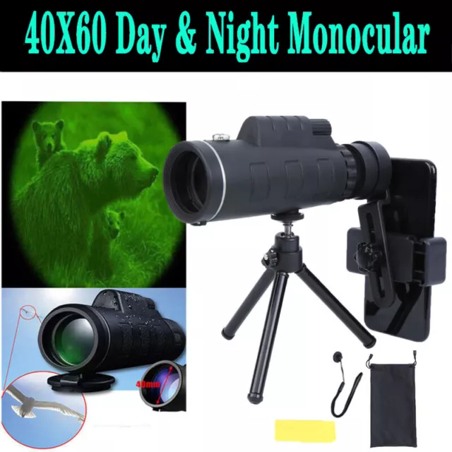 40X60 Zoom HD Monocular Telescope For Cell Phone Night Vision+Tripod +Clip