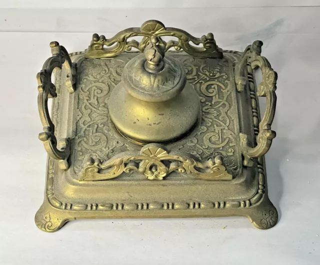 Large Decorative Solid Brass Antique Inkwell, marked "309"