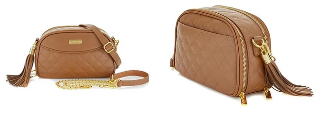 JOY & IMAN Diamond Quilted Genuine Leather Crossbody with RFID ~ Cognac Tan $99
